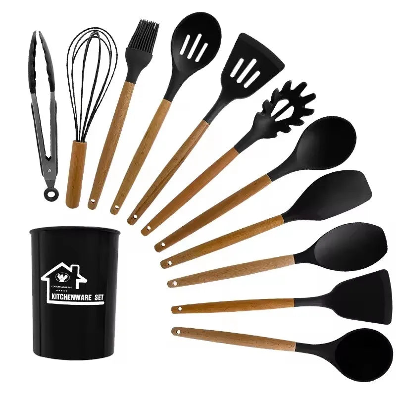 12 Cooking Silicone Cooking Utensils Utensil Wooden Handle