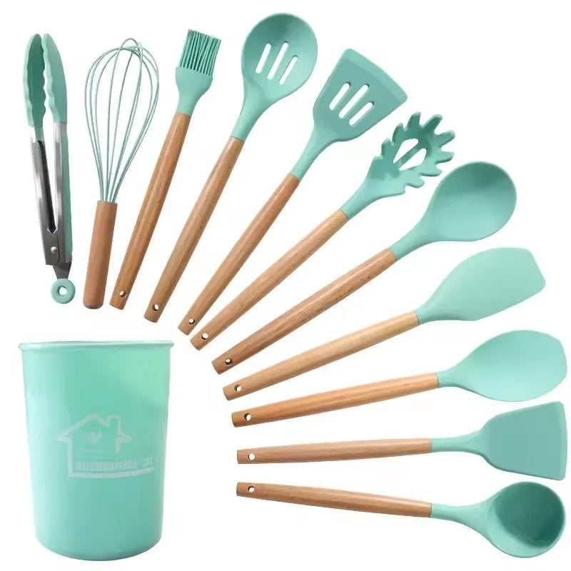 12 Cooking Silicone Cooking Utensils Utensil Wooden Handle