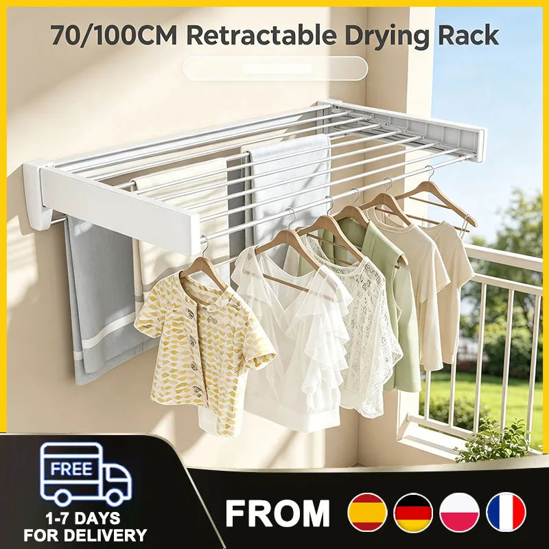 70/100cm Wall-Mounted Clothes Drying Rack Retractable Folding
