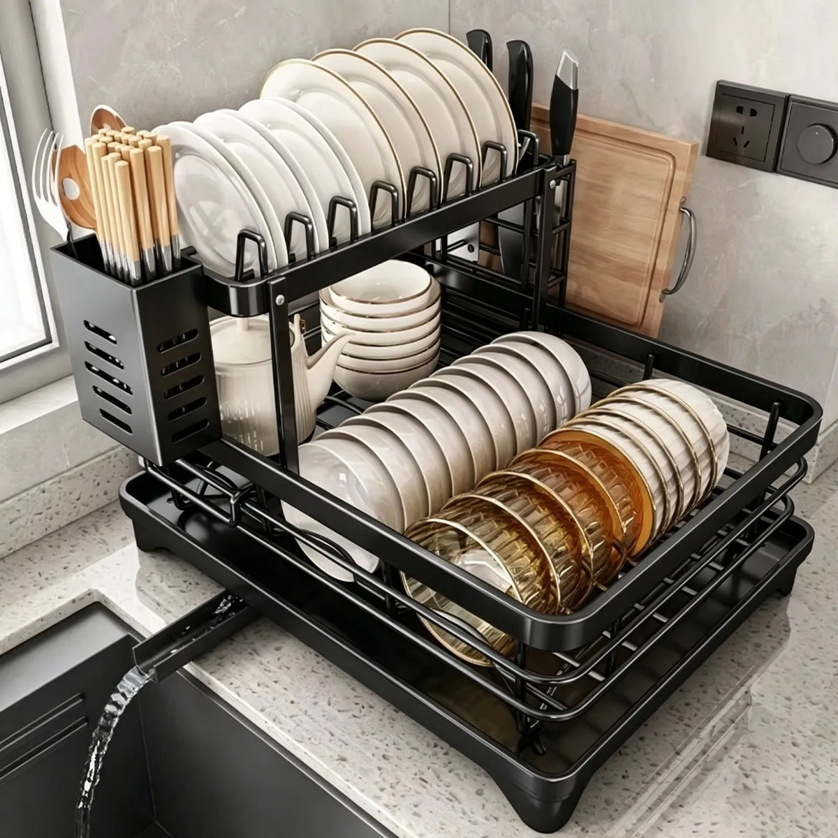 Countertop Dish Drying Rack Adjustable Plate Organizer Drainboard