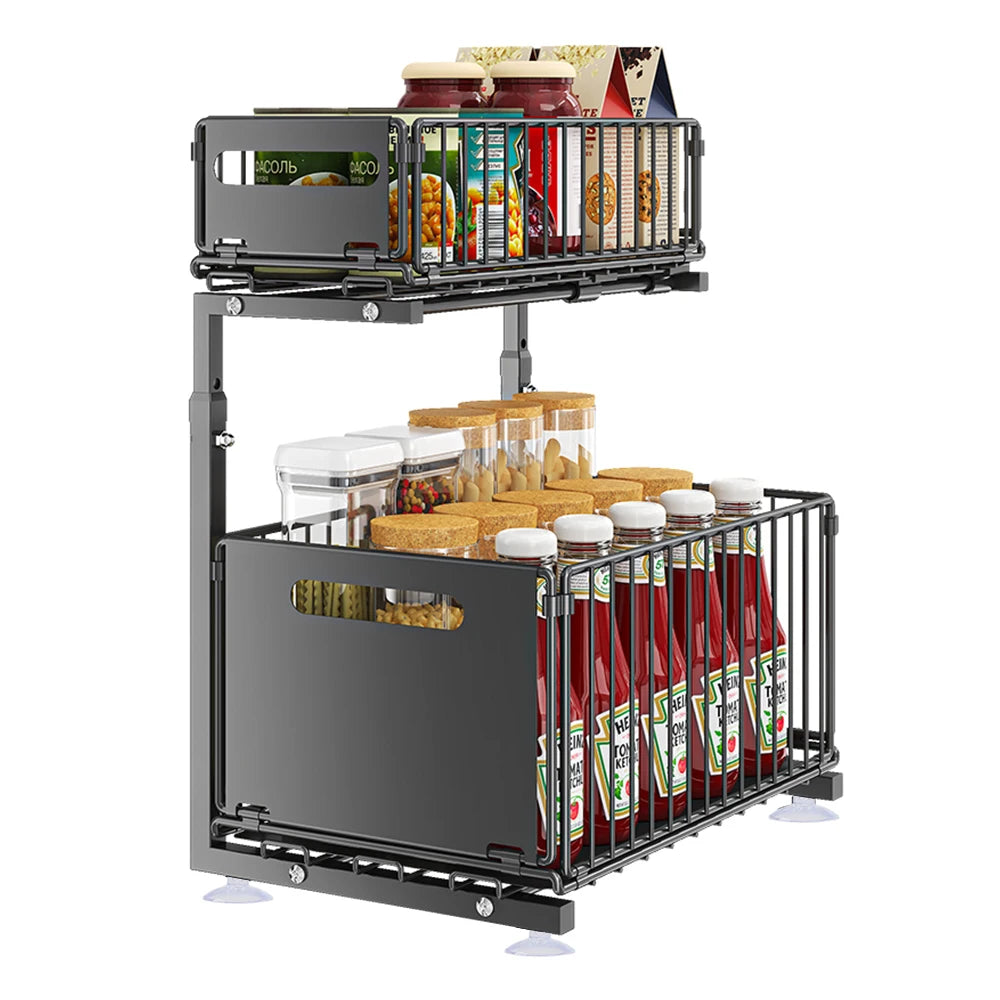 2-Tier Pull Out Cabinet Organizer Adjustable Height Sliding