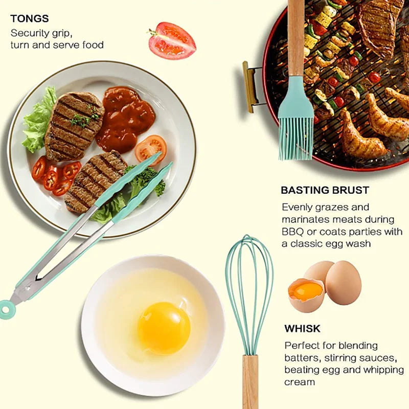 12 Cooking Silicone Cooking Utensils Utensil Wooden Handle