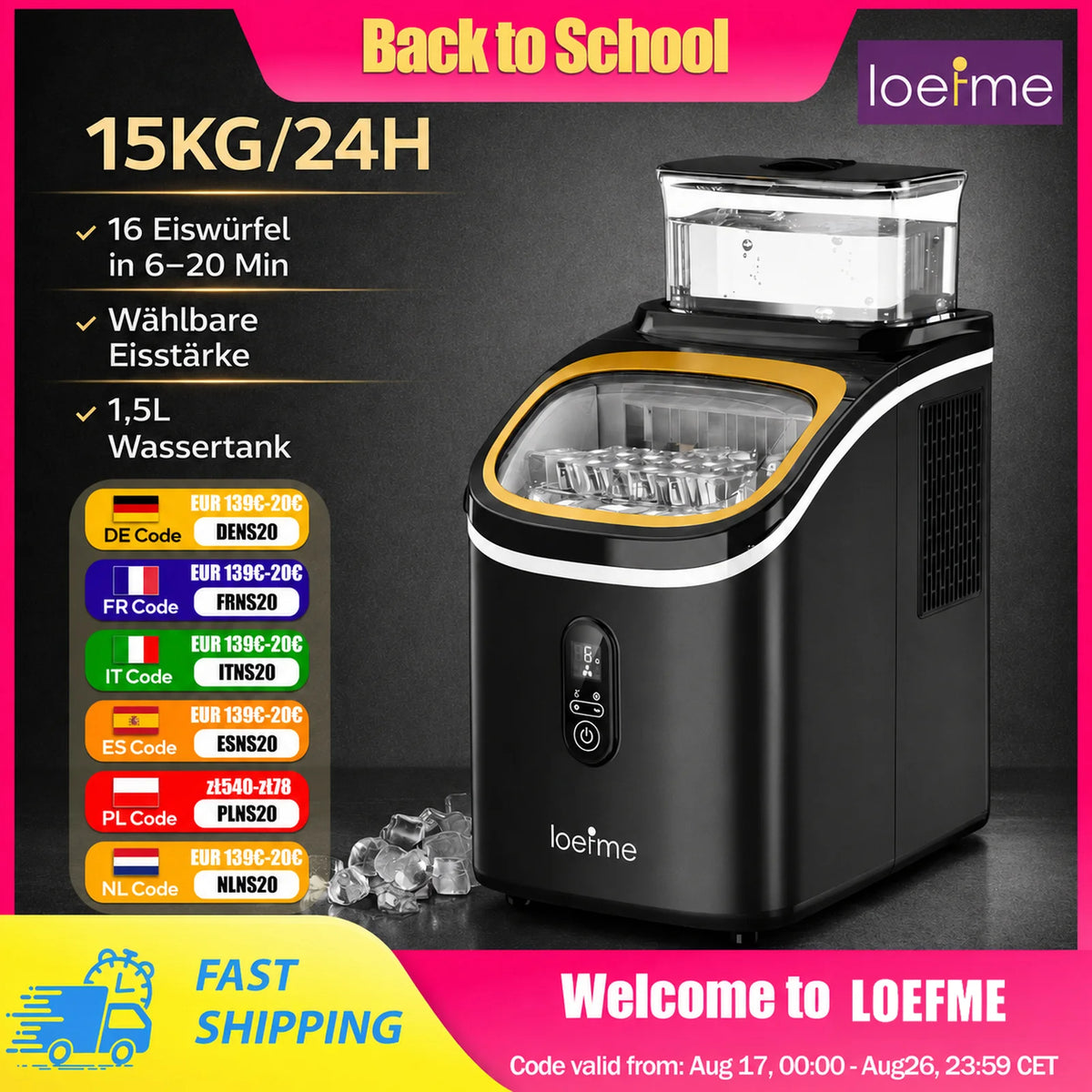 Loefme Ice Maker 15kg/24h 16 Ice Cubes In