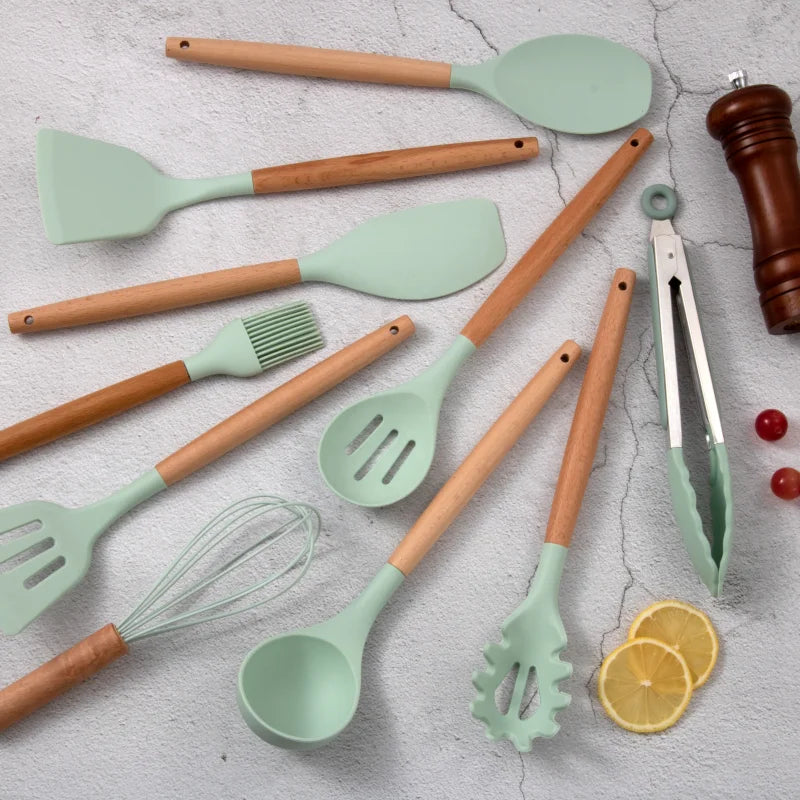 12 Cooking Silicone Cooking Utensils Utensil Wooden Handle
