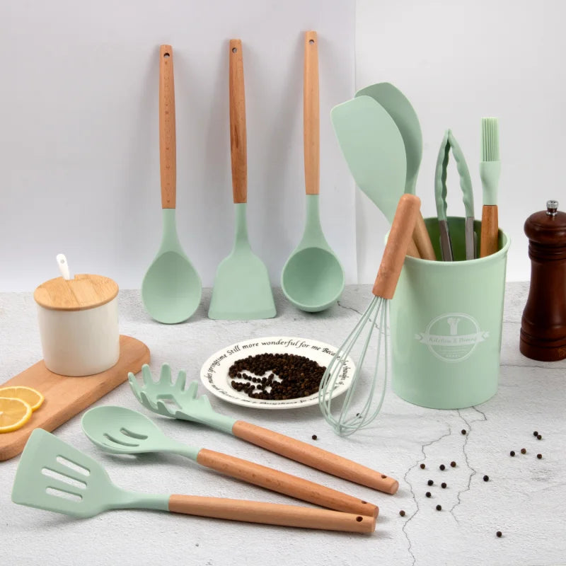 12 Cooking Silicone Cooking Utensils Utensil Wooden Handle