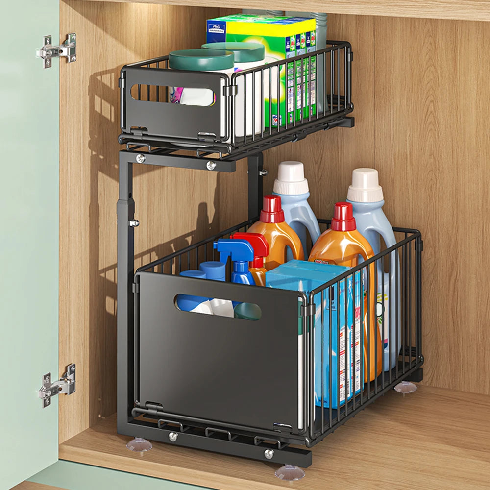 2-Tier Pull Out Cabinet Organizer Adjustable Height Sliding