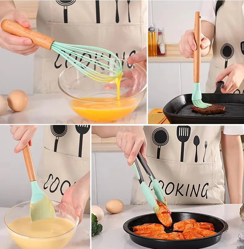 12 Cooking Silicone Cooking Utensils Utensil Wooden Handle