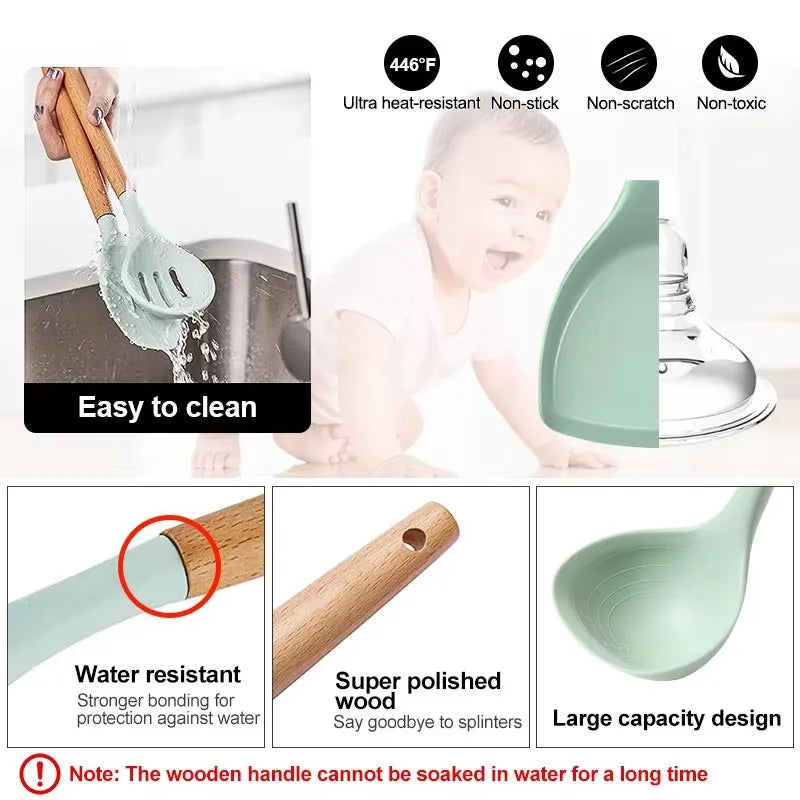 12 Cooking Silicone Cooking Utensils Utensil Wooden Handle