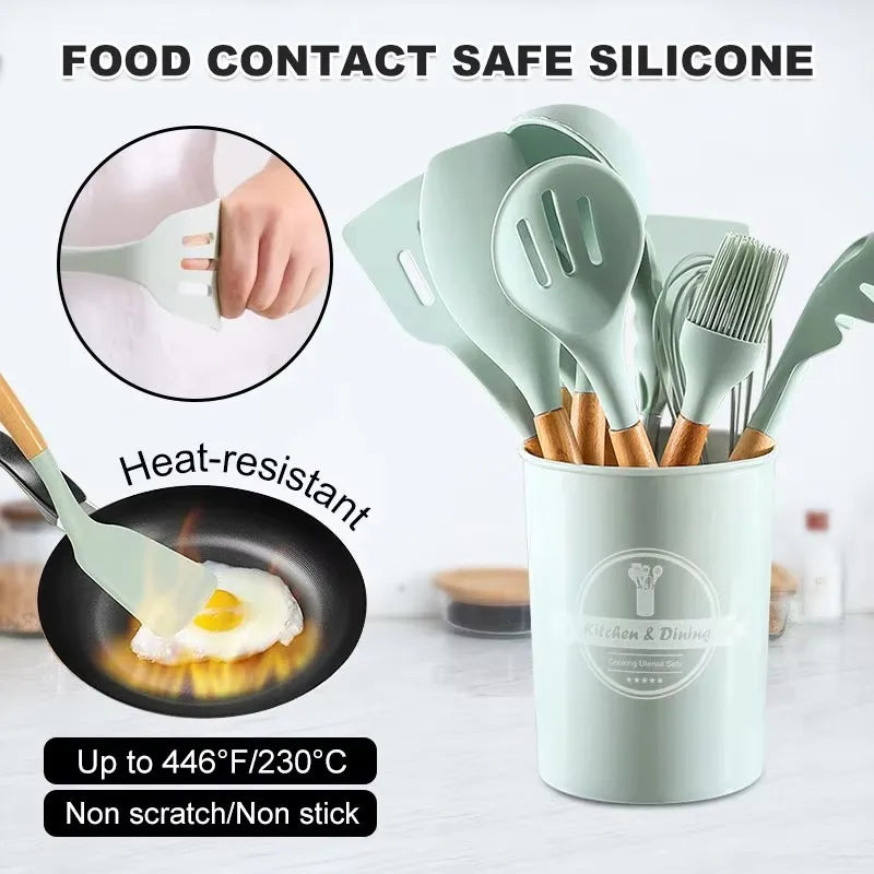 12 Cooking Silicone Cooking Utensils Utensil Wooden Handle