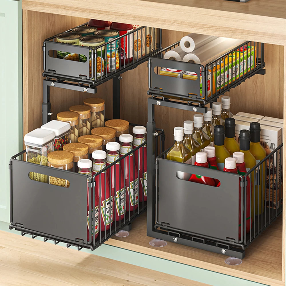 2-Tier Pull Out Cabinet Organizer Adjustable Height Sliding
