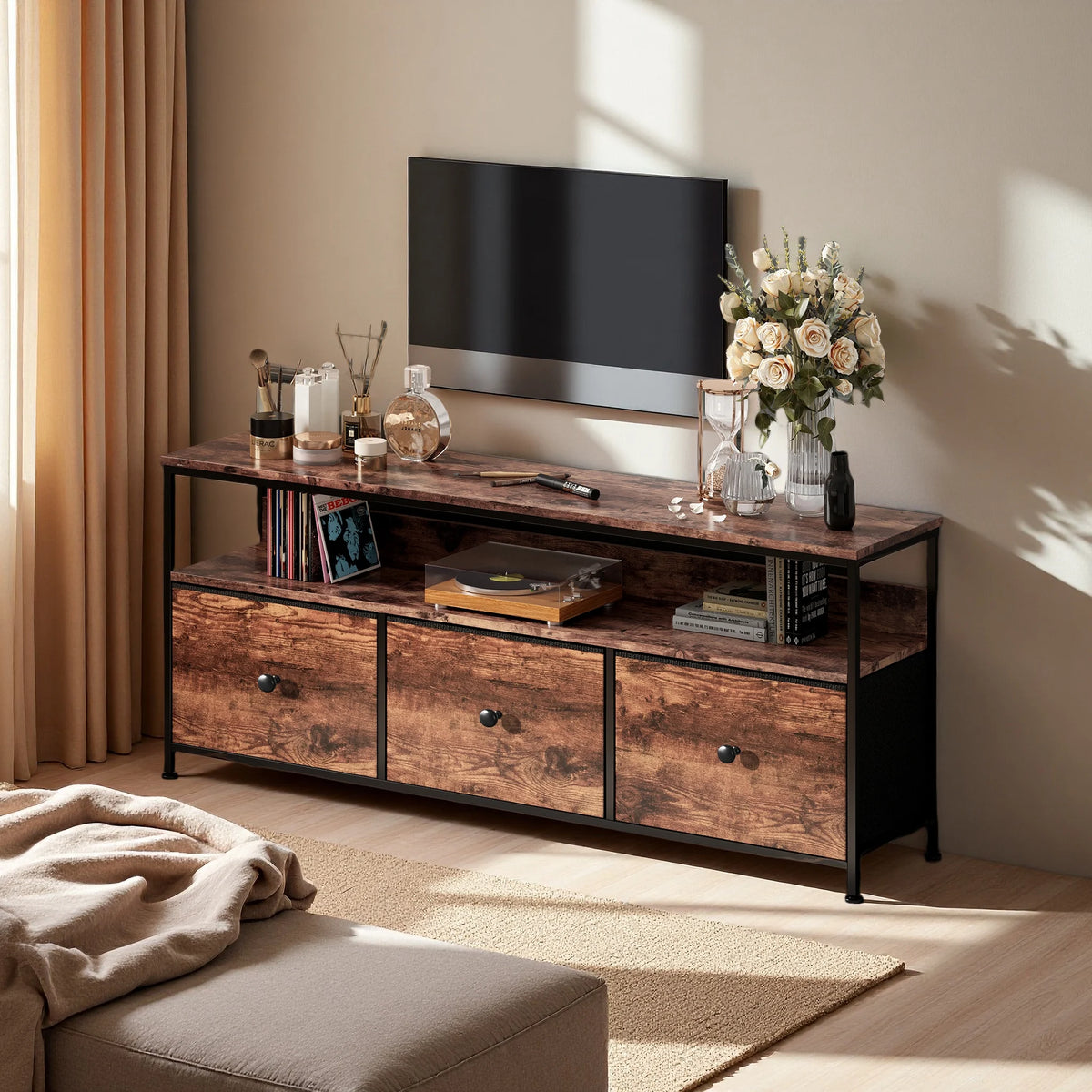 108cm Tv Cabinet Storage Unit Drawers Open Shelves