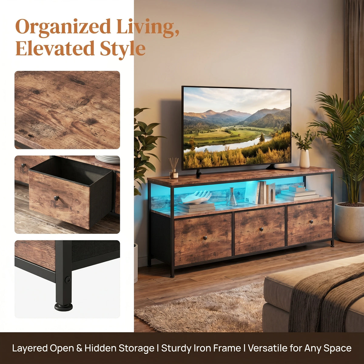 108cm Tv Cabinet Storage Unit Drawers Open Shelves