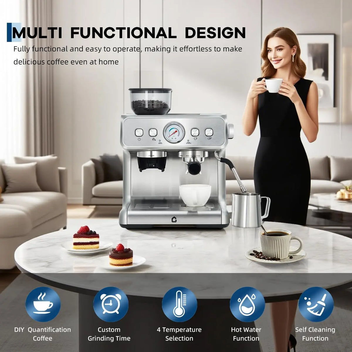 Coffee Machine Conical Burr Grinder 20 Bar Pressure