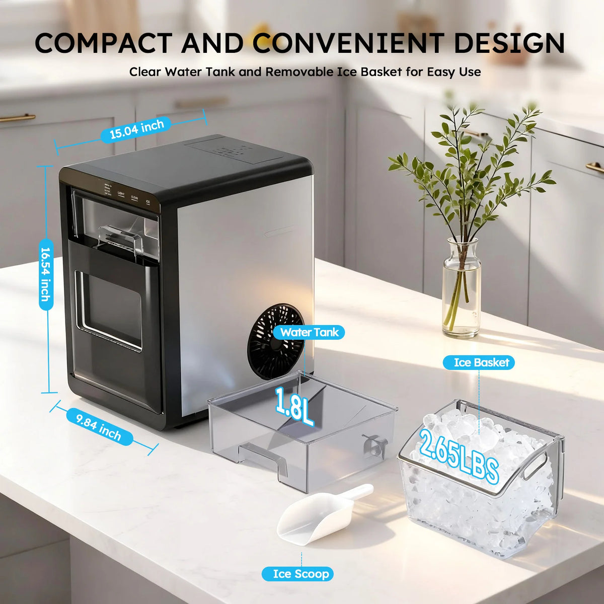 Nugget Ice Maker Countertop 44bs/24h Self-Cleaning Chewable
