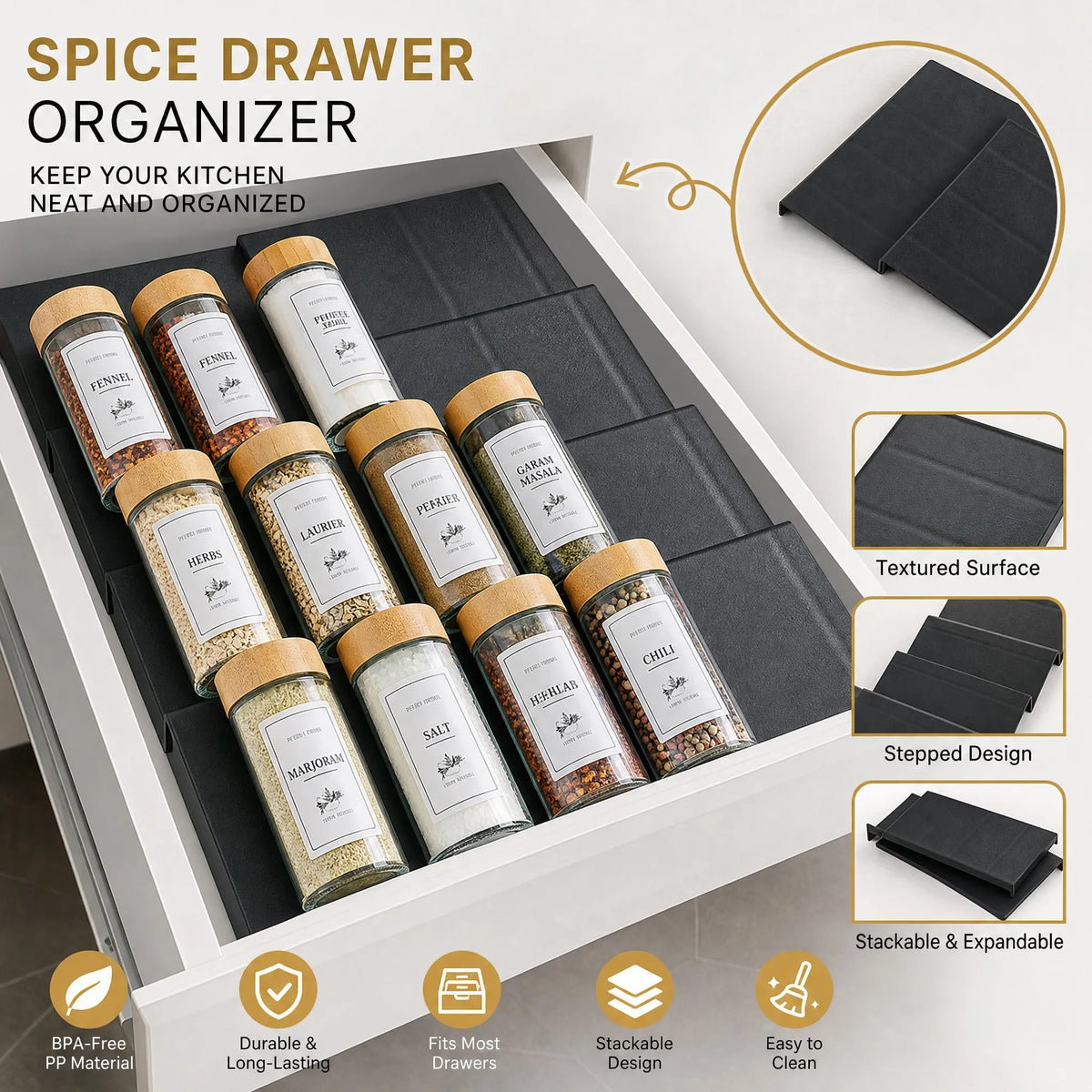 2/4/8-Layer Spice Drawer Storage Rack Adjustable Organizer Spice