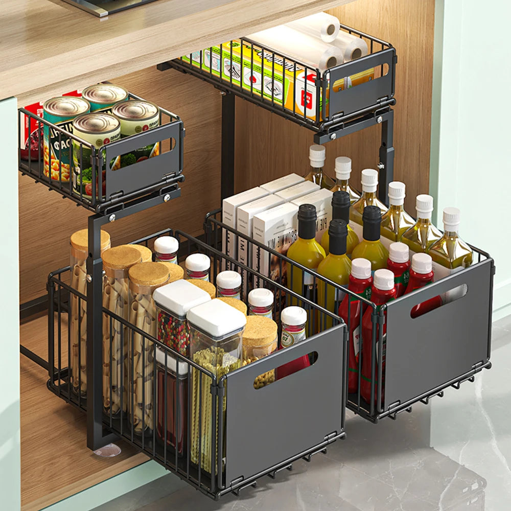 2-Tier Pull Out Cabinet Organizer Adjustable Height Sliding