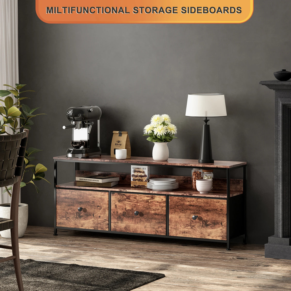 108cm Tv Cabinet Storage Unit Drawers Open Shelves