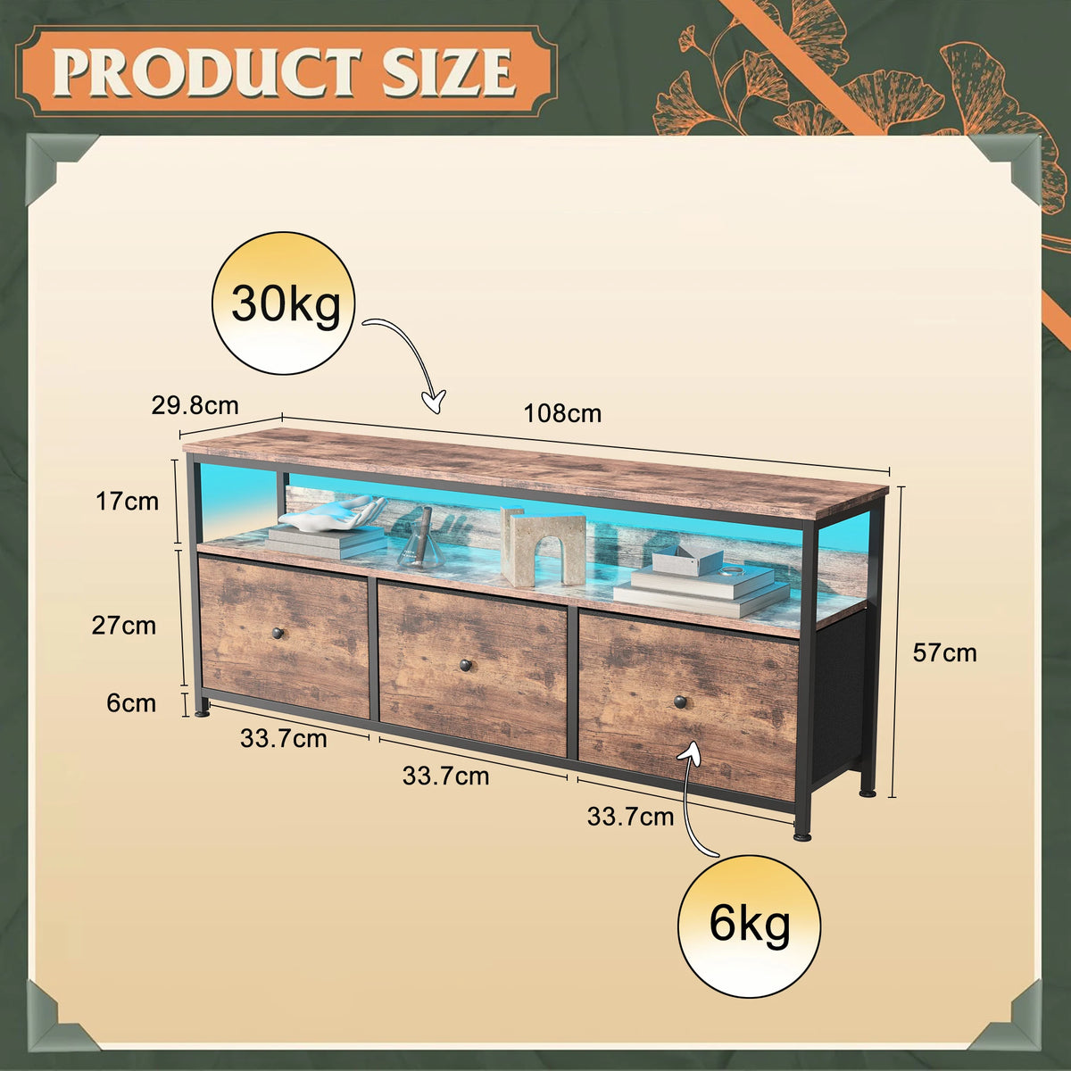 108cm Tv Cabinet Storage Unit Drawers Open Shelves