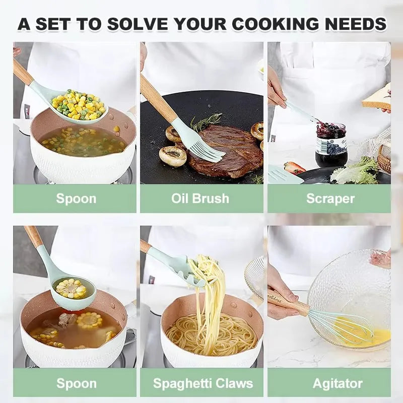 12 Cooking Silicone Cooking Utensils Utensil Wooden Handle