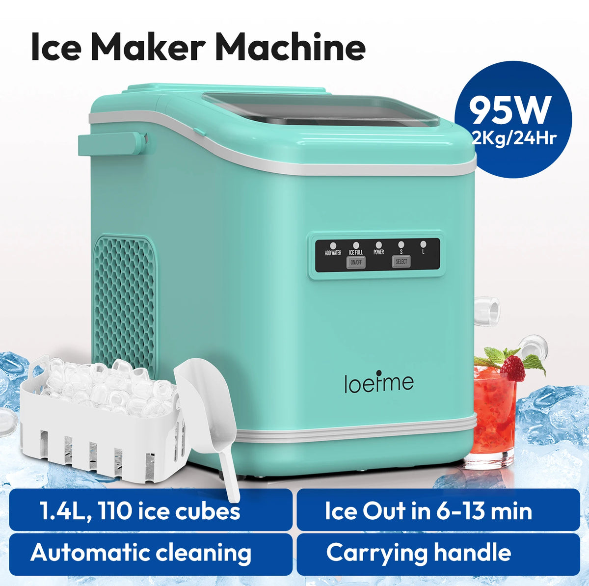 Loefme Ice Maker 15kg/24h 16 Ice Cubes In