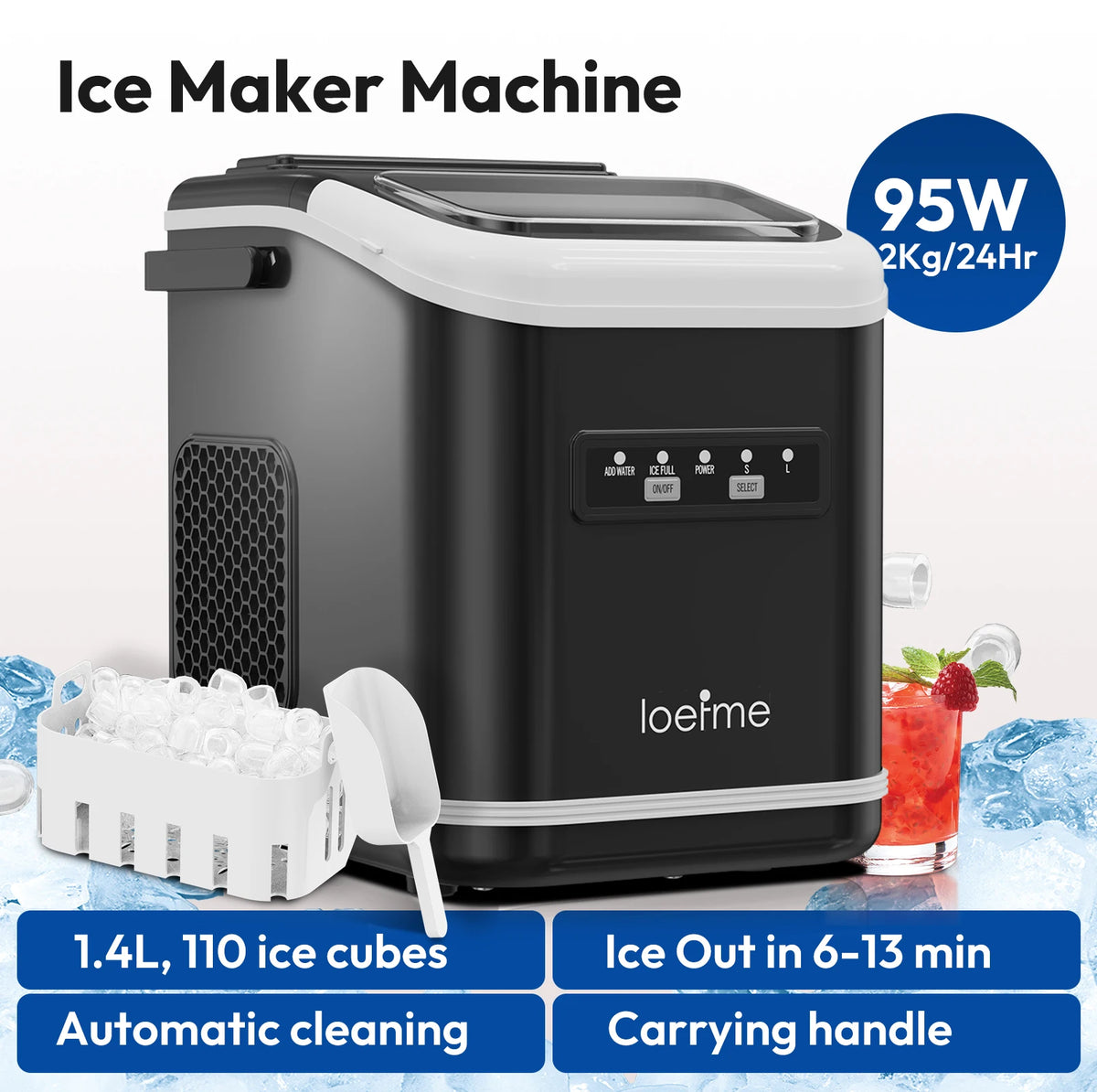 Loefme Ice Maker 15kg/24h 16 Ice Cubes In