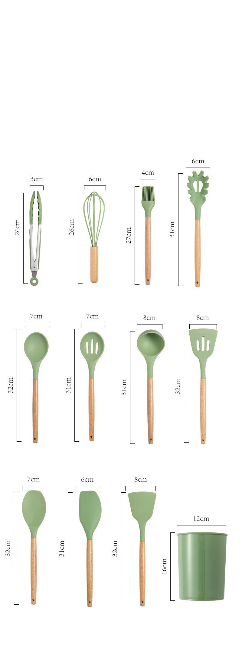 Avocado Green Silicone Utensils Cooking Kitchenware Wooden Handle