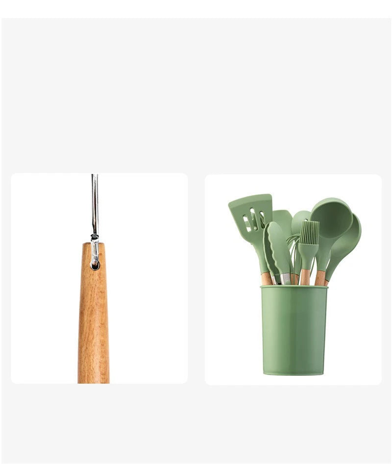 Avocado Green Silicone Utensils Cooking Kitchenware Wooden Handle