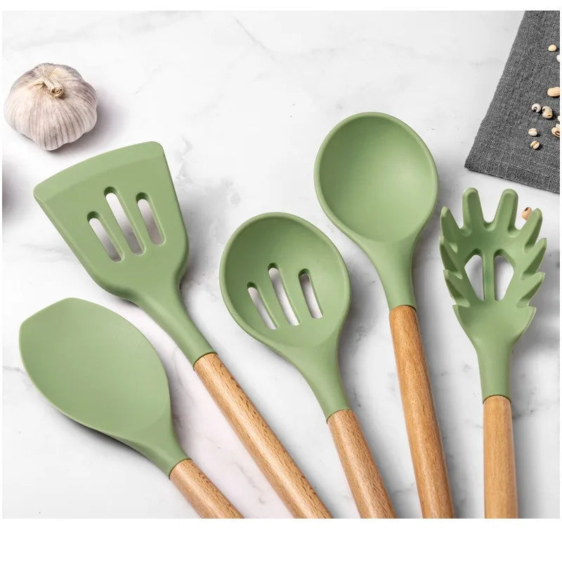 Avocado Green Silicone Utensils Cooking Kitchenware Wooden Handle
