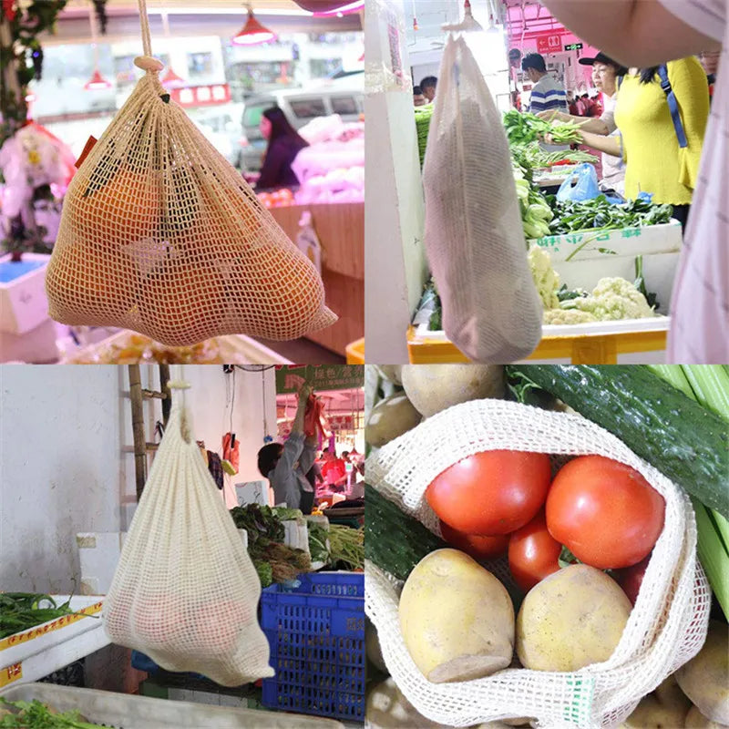 Reusable Cotton Mesh Produce Bags Vegetable Fruit Food