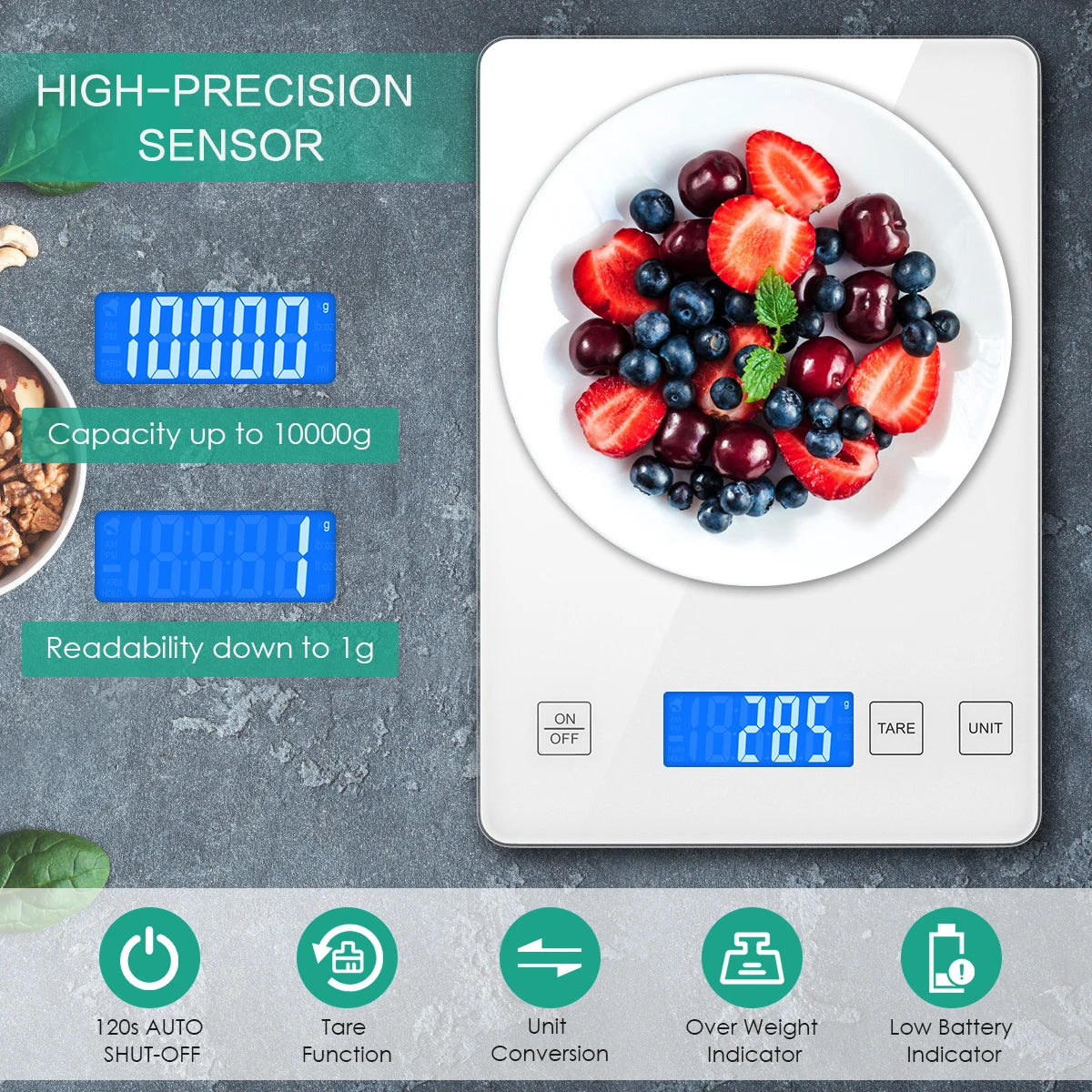Digital Scale 1g-10kg Food Scale Waterproof Tempered Glass