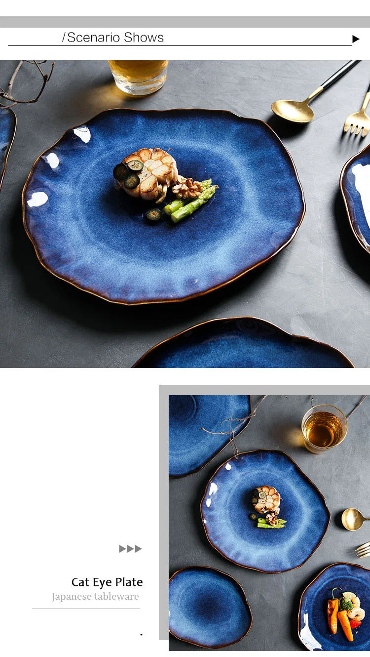 Ceramic Plates Deep Blue Irregular Flat Plate Pottery