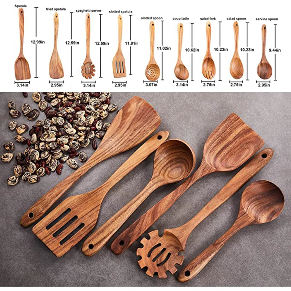 1-9pcs/Set Wooden Utensils Wooden Spoons Cooking Utensils Natural