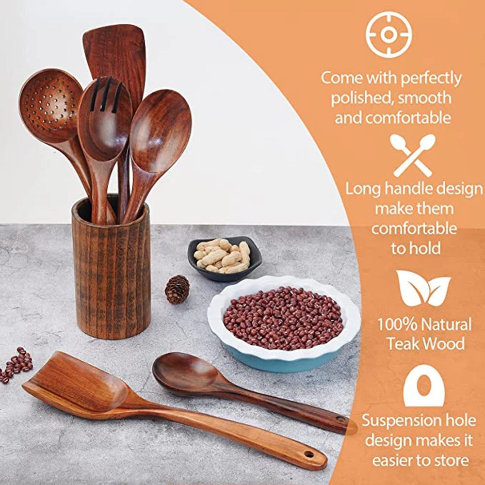 1-9pcs/Set Wooden Utensils Wooden Spoons Cooking Utensils Natural