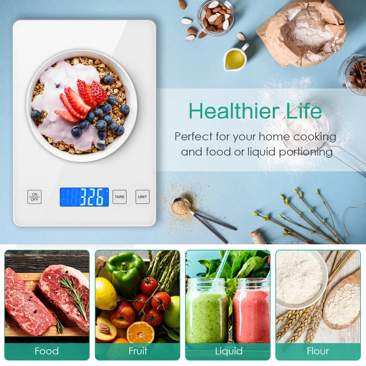Digital Scale 1g-10kg Food Scale Waterproof Tempered Glass