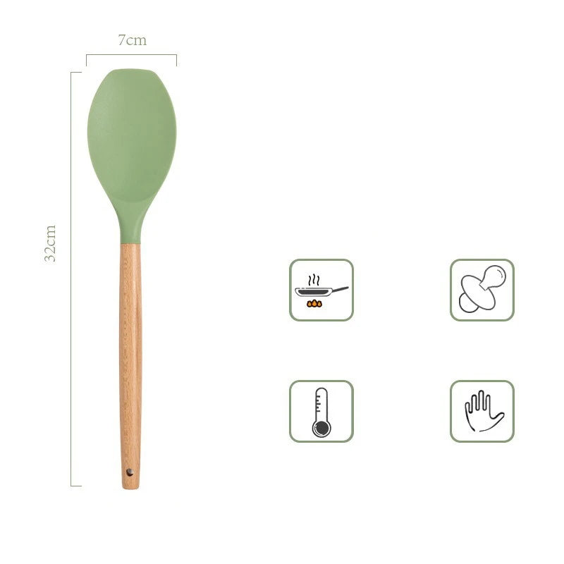 Avocado Green Silicone Utensils Cooking Kitchenware Wooden Handle