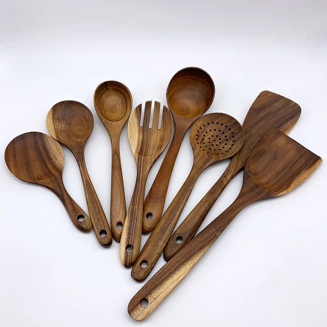 1-9pcs/Set Wooden Utensils Wooden Spoons Cooking Utensils Natural