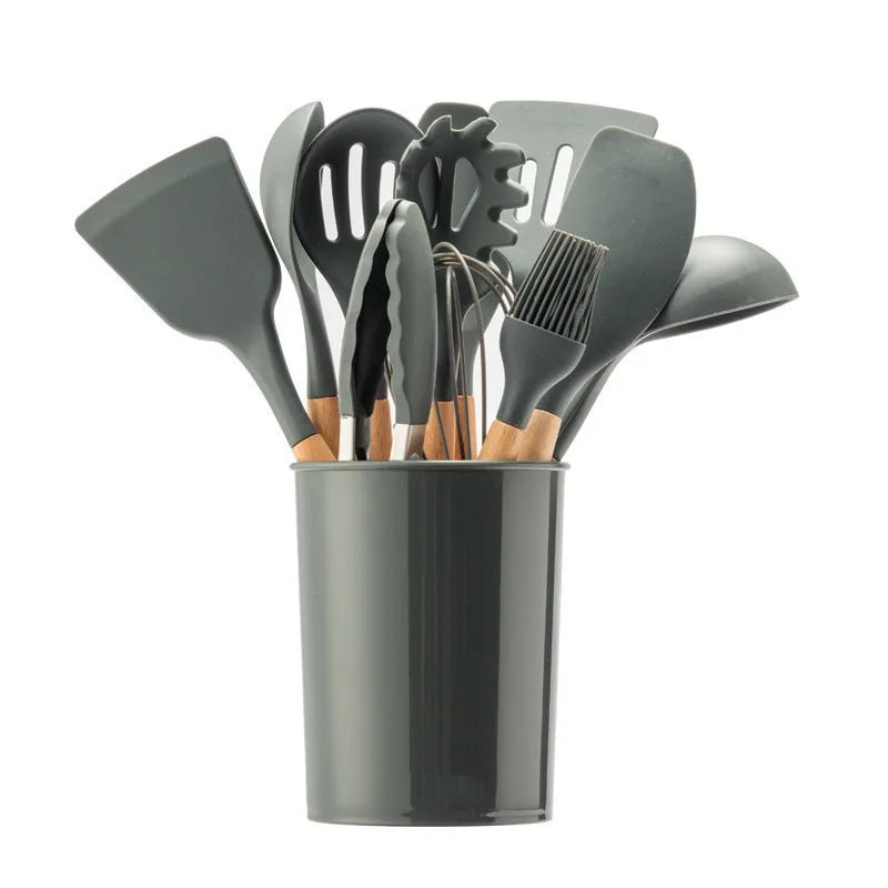 Avocado Green Silicone Utensils Cooking Kitchenware Wooden Handle
