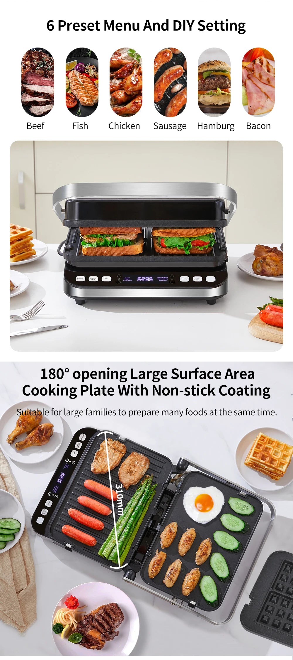 Biolomix 2000w Electric Contact Grill Digital Griddle Panini