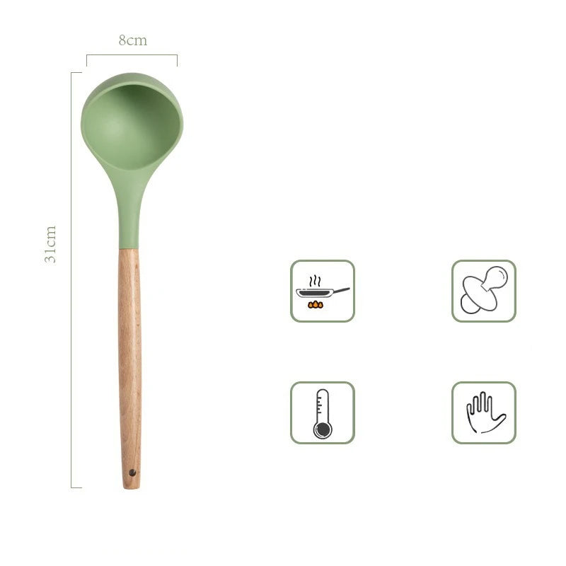Avocado Green Silicone Utensils Cooking Kitchenware Wooden Handle