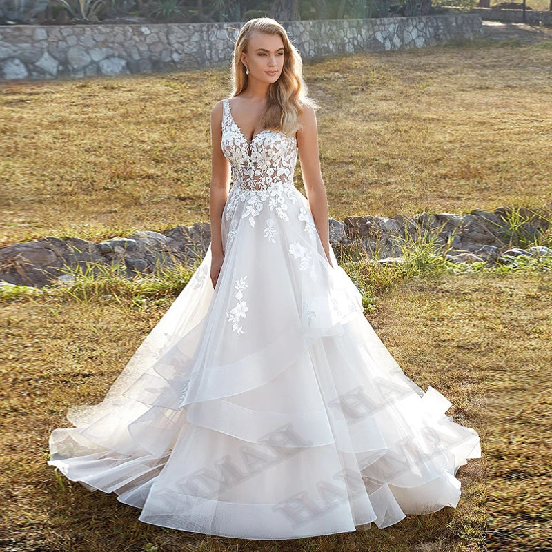 Modest Brush Train Wedding Dresses Brides Gown Tiered