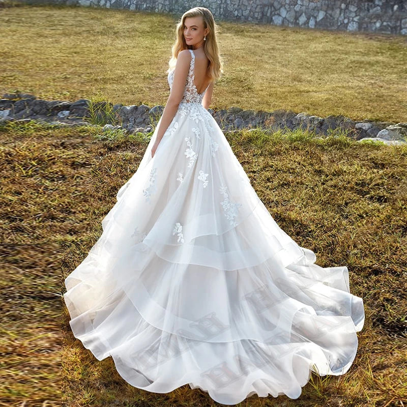 Modest Brush Train Wedding Dresses Brides Gown Tiered