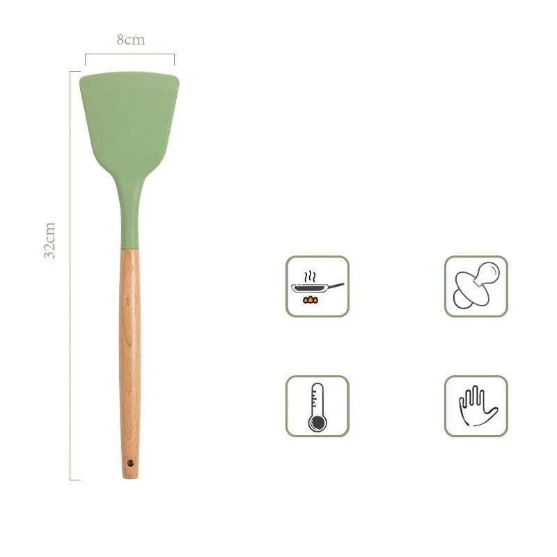 Avocado Green Silicone Utensils Cooking Kitchenware Wooden Handle