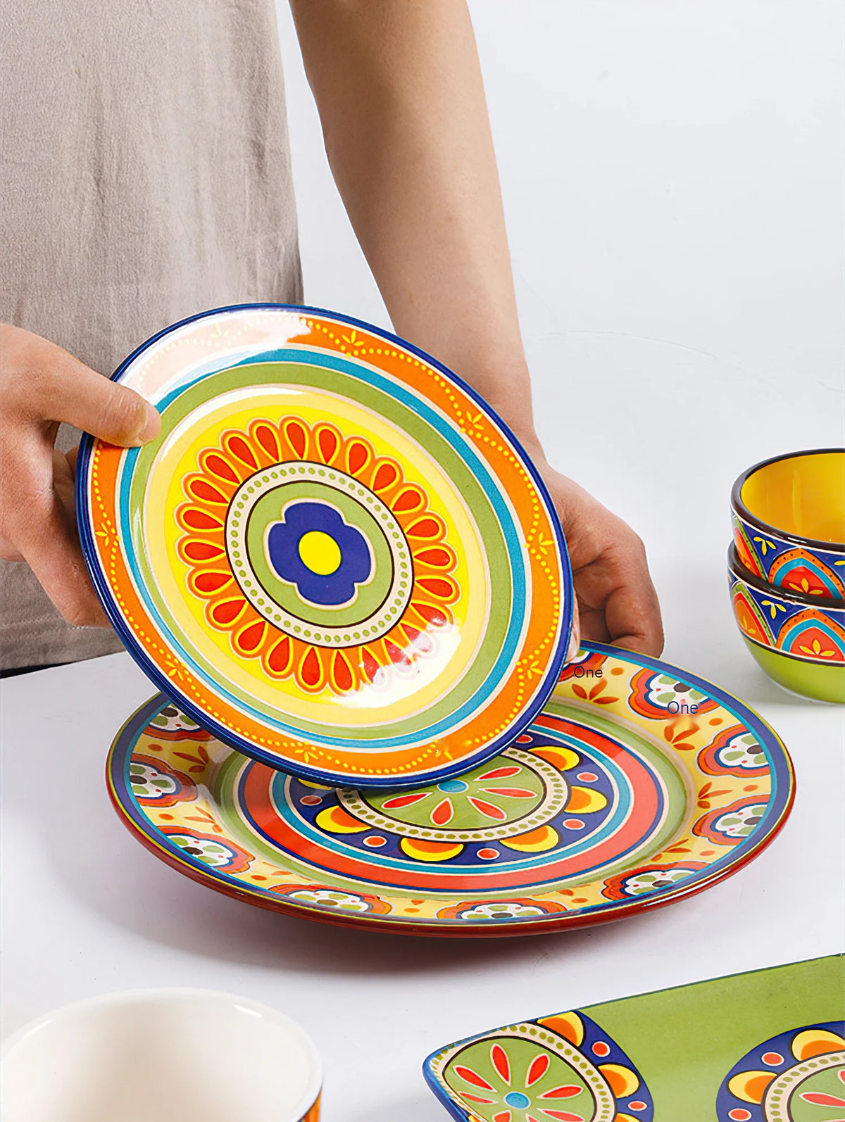1pcs Ceramic Tableware Bohemian Flat Dinner Plate Western
