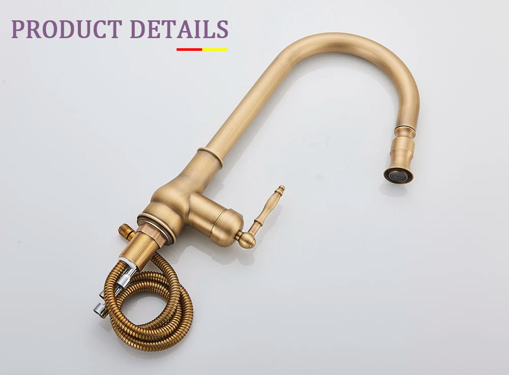 Antique Brass Sink Faucet Pull Down Swivel Spout