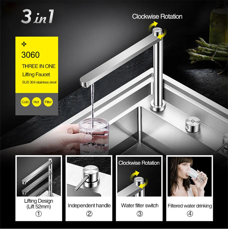 Asras Sink Faucet 304 Stainless Steel Lifting Faucet