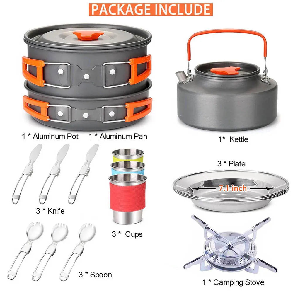 Camping Travel Equipment Tableware Cookware Kit Pots Burner