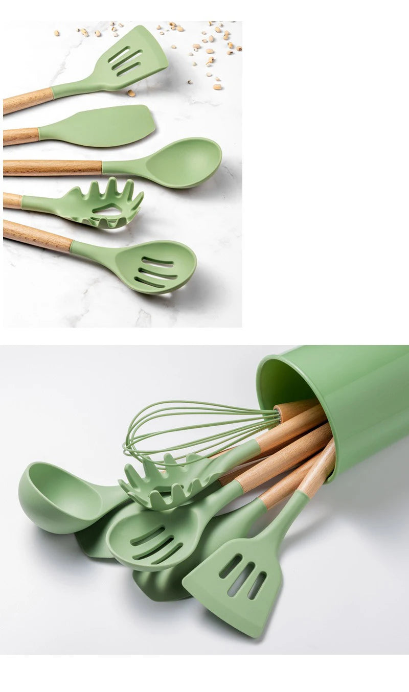 Avocado Green Silicone Utensils Cooking Kitchenware Wooden Handle