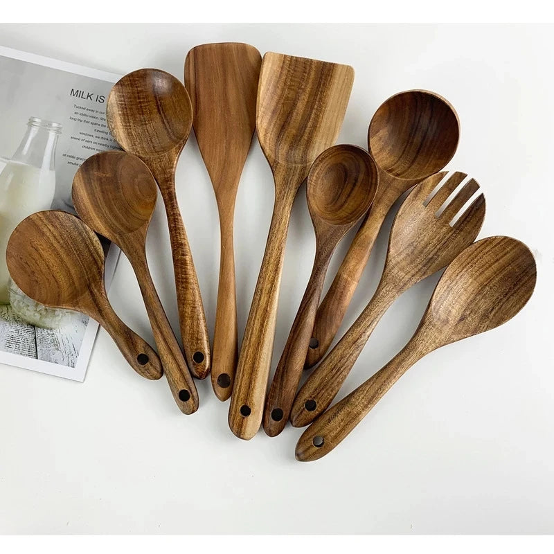 1-9pcs/Set Wooden Utensils Wooden Spoons Cooking Utensils Natural