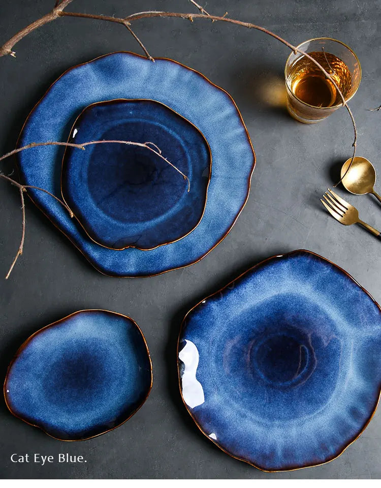 Ceramic Plates Deep Blue Irregular Flat Plate Pottery