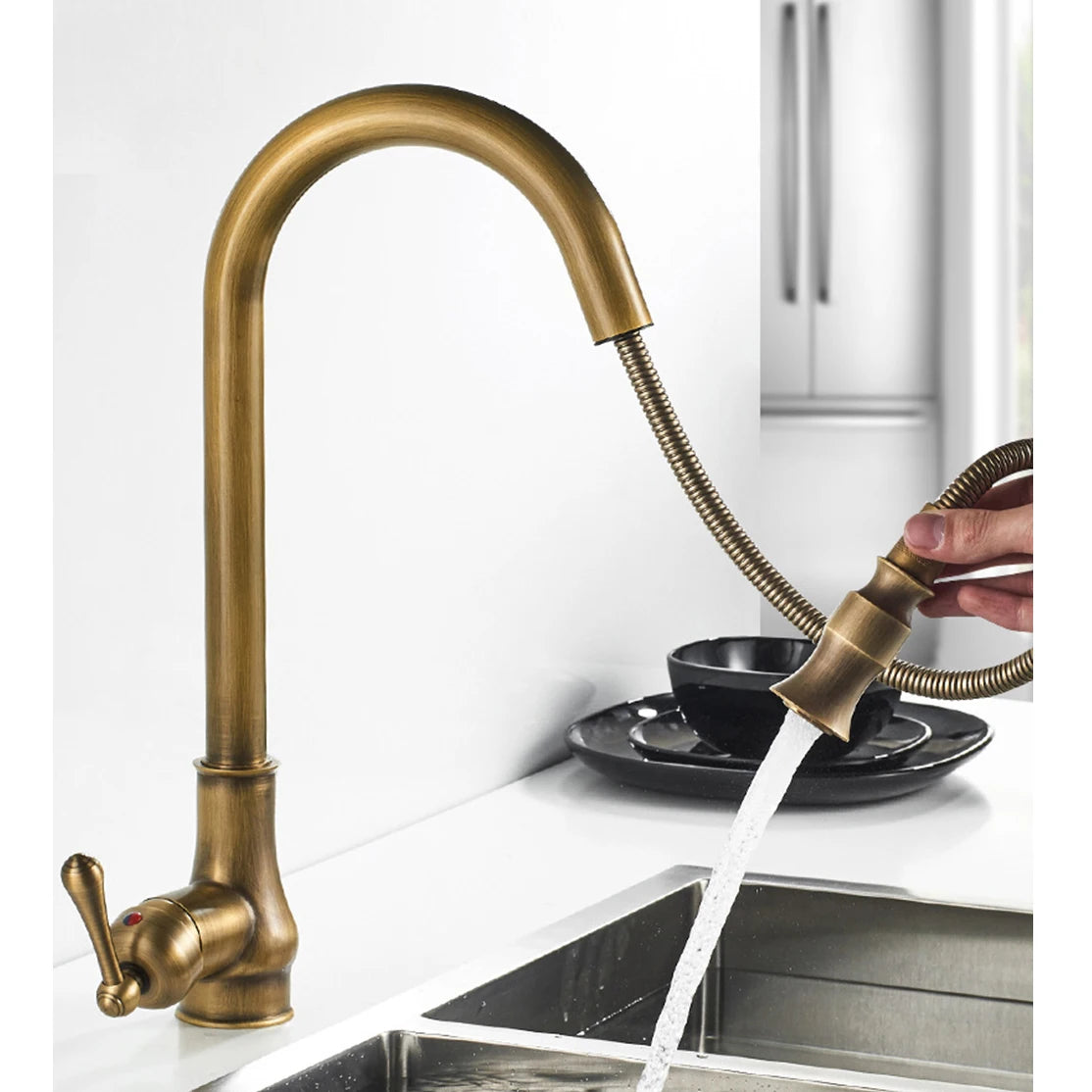 Antique Brass Sink Faucet Pull Down Swivel Spout